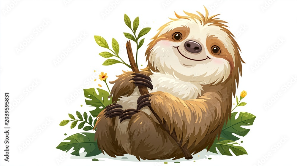 Fototapeta premium Friendly cartoon sloth smiles, sitting down. Great for kids' posters and pictures.