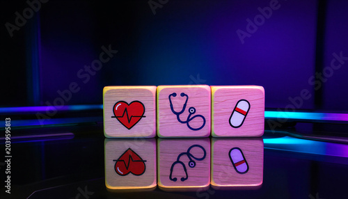 Wooden blocks with medical icons representing healthcare and medicine concepts