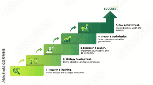 Infographic displays a green staircase chart with six strategy steps to success.