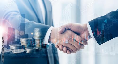 Business handshake with stacks of coins and city background, concept of successful partnership and financial agreement
