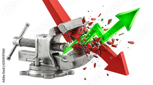 Εκτύπωση καμβά Financial crisis concept, a metal vise crushing a red downward arrow and a green upward arrow, symbolizing economic pressure and market volatility, business struggle and recovery