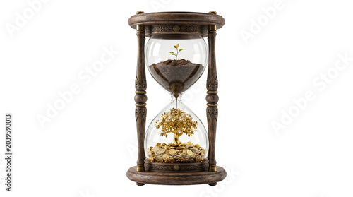 Time is money concept, a wooden hourglass with a growing plant in soil and falling gold coins. Financial growth and investment metaphor, business success and wealth creation.