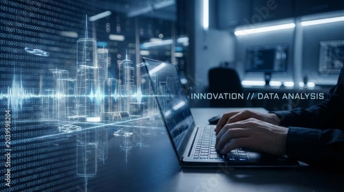 Man typing on laptop with digital data analysis and smart city overlay interface visualization in modern office environment background for professional technology