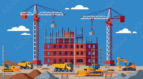Construction site with cranes and vehicles building a new structure