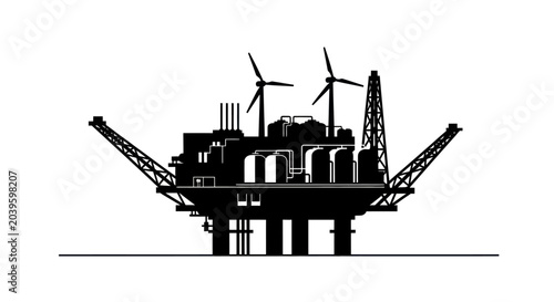 Billede på lærred Offshore oil rig with wind turbines, industrial silhouette, energy production co