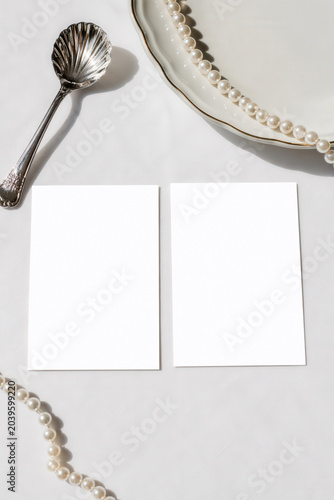5x7 Wedding Card Mockup Set With Pearls And Coastal Styling