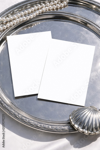 Double 5x7 Wedding Invitation Card Mockup On Silver Tray