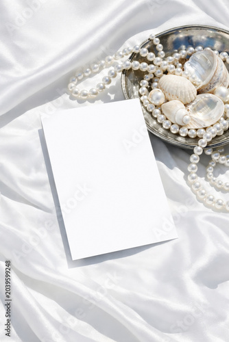 5x7 Wedding Card Mockup With Pearls And Satin Fabric