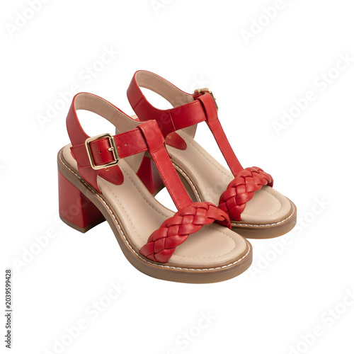 Red braided leather block heel sandals isolated on transparent background