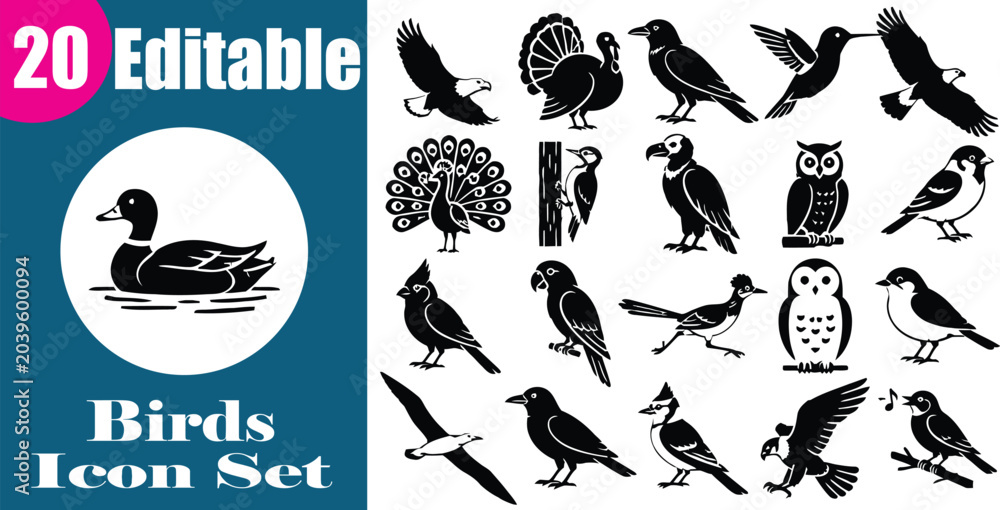 Obraz premium Set of 20 black and white bird icons isolated on transparent background, Vector