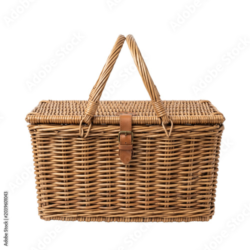 Fotografía Woven rectangular wicker picnic basket with leather buckle closure
