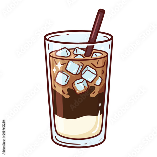 Refreshing iced coffee with ice cubes and a straw for a sweet beverage experience