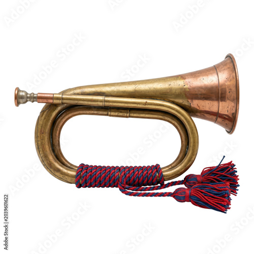 Bild auf Leinwand Vintage brass bugle with red and blue rope tassels