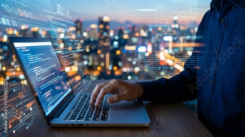 Programmer coding on laptop with digital data overlay, symbolizing technology and global business connections