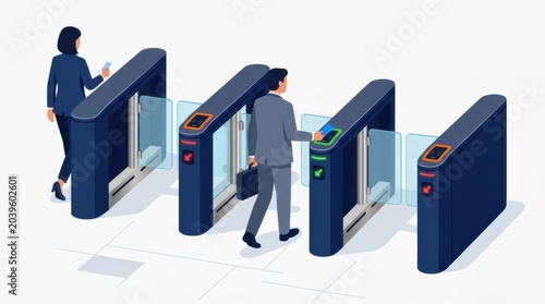 A security guard observes individuals using a gate for entry while checking their credentials, ensuring safety protocols are followed.