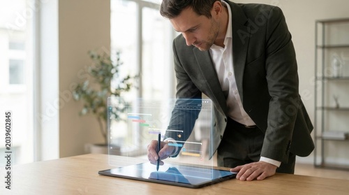 Businessman uses a digital pen on a transparent tablet to manage a project timeline, showcasing modern planning technology