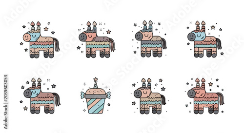 Canvastavla Cute Donkey Pi?ata Emoticons Set - Party Celebration Icons