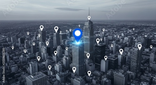 Aerial view of a city with multiple location pins, highlighting a prominent blue pin on a central skyscraper, urban navigation