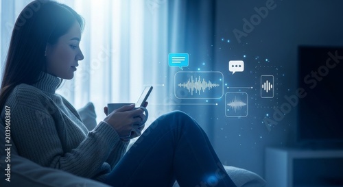 Young woman sitting on sofa in dim room using smartphone with floating digital audio and chat communication icons for voice messaging and social media connection