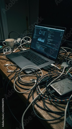 Intense digital workspace, laptop displaying programming code and data, tangled cables, messy desktop, complex software development, technology overload, busy IT environment