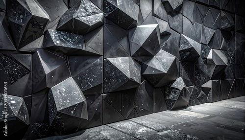 Geometric Facade with Sharp Edges and Dark Tones.