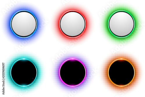 Colorful round shape buttons with neon halftone glow on white background.
