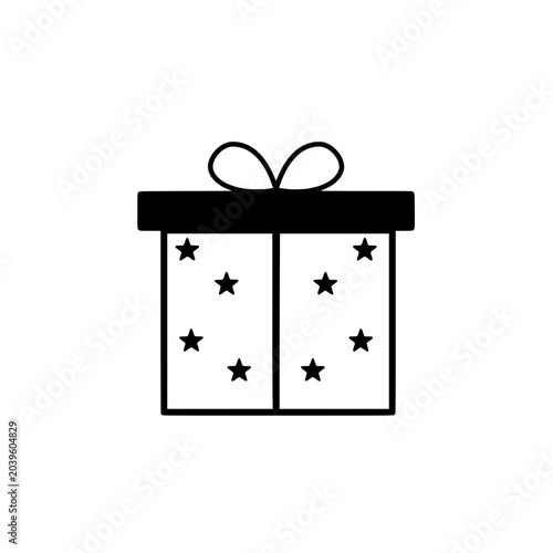 Black outline gift box icon with stars and box