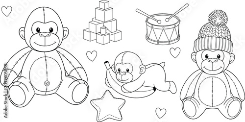 Photography Cute Plush Monkey Toys Line Art Vector Set with Drum Blocks Banana and Hearts Co