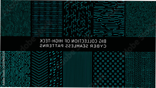 grid of twelve high tech cyber seamless patterns high tech digital technology abstract geometric lines dots squares waves arrows circles matrix binary