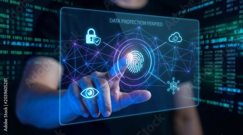 Fingerprint scan authentication on futuristic transparent screen verifying data protection with security icons network connections and binary code