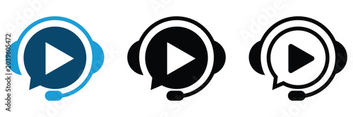 Dynamic headset and play button icon representing online customer support learning or multimedia communication