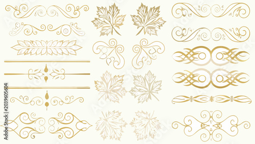 a set of horizontal decorative elements vector gold ornamental design scrollwork leaf motifs divider lines swirl patterns ornate borders illustration graphic