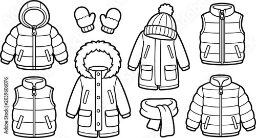 Tableau sur toile Winter Outerwear Clothes Line Art Vector Set with Puffer Jacket Parka Vest Hat a