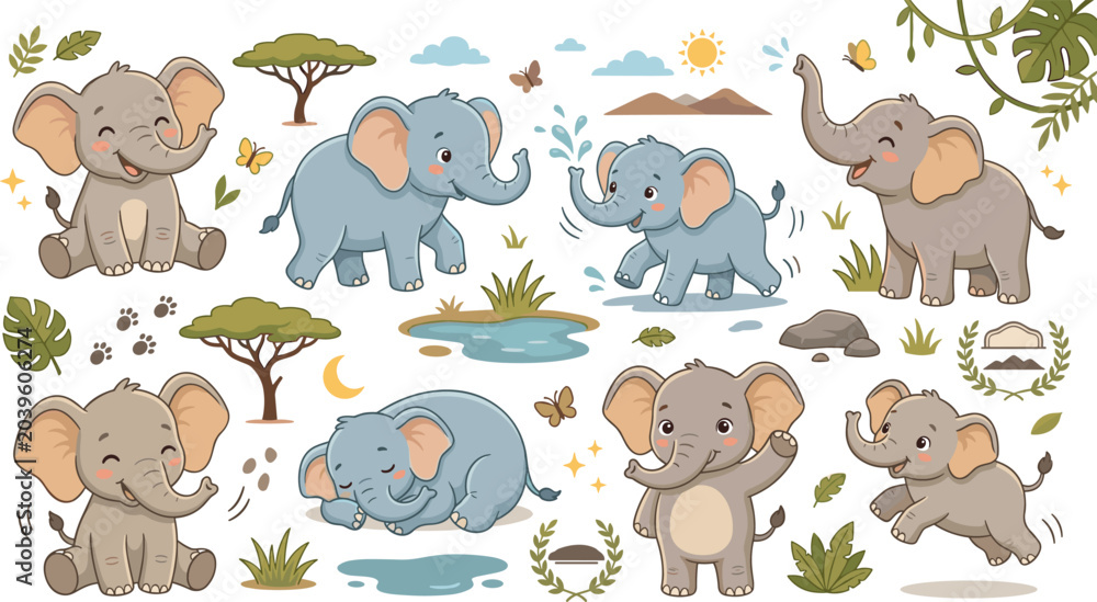 Obraz premium Cute cartoon elephant character vector set with African safari savanna elements stickers badges icons isolated on white