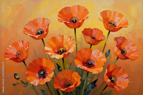 A painting of orange poppies on an orange background