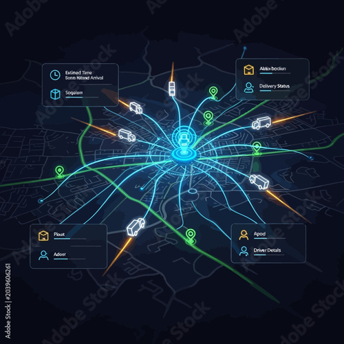Delivery logistics map with estimated times and vehicle tracking