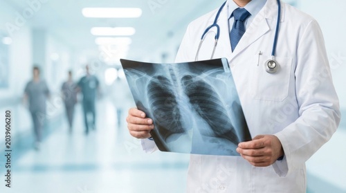 Medical professional wearing white coat and stethoscope holding x-ray film of human chest in hospital hallway with blurred doctors in background