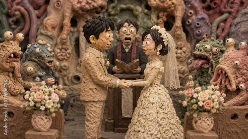 不思議な生き物に囲まれた結婚式を挙げるカップルのクレイアートフィギュア