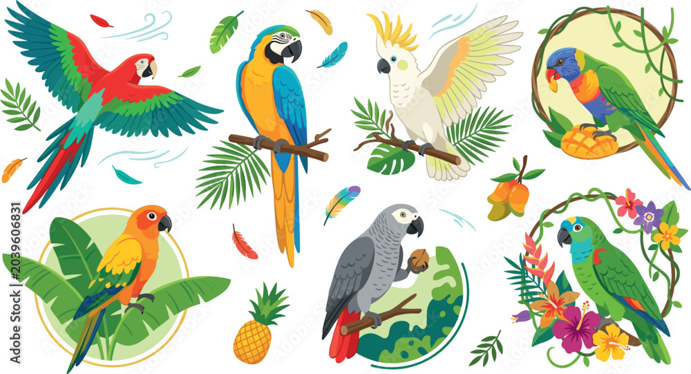 Fototapeta premium Cute cartoon parrot bird vector set with tropical jungle rainforest elements stickers badges icons isolated on white