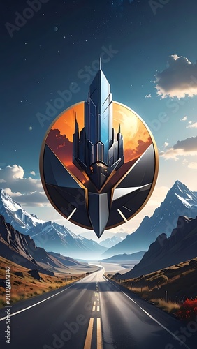 Futuristic emblem over road