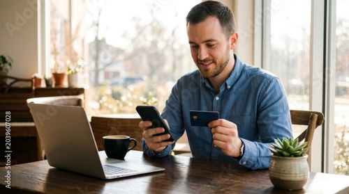 Happy man shopping online using smartphone and credit card at home, enjoying easy mobile banking and secure payment process on laptop