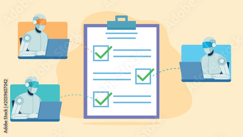 A checklist with green checkers. AI robots are located next to the checkers, working on a laptop. Vector illustration in flat design style. AI assistants help achieve goals.