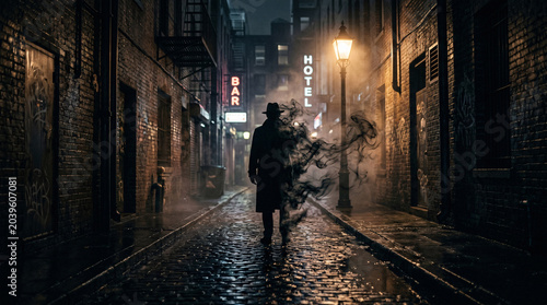 A mysterious man in a long coat and fedora hat stands while his body dissolves into swirling dark black smoke within a cinematic dramatic scene.