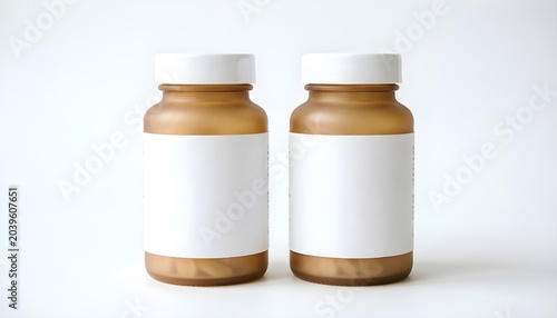 Mockup Dua Botol Suplemen atau Obat dengan Label Kosong Putih di Latar Belakang Minimalis