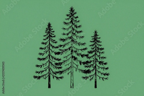 A group of three pine trees on a green background