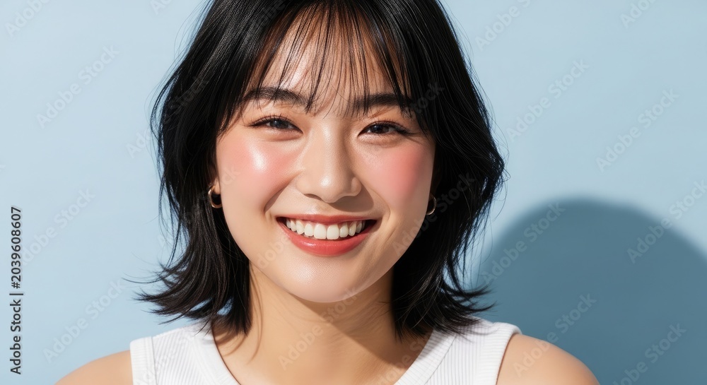 Fototapeta premium Radiant asian woman smiling close up portrait for beauty wellness and cosmetic advertising campaigns