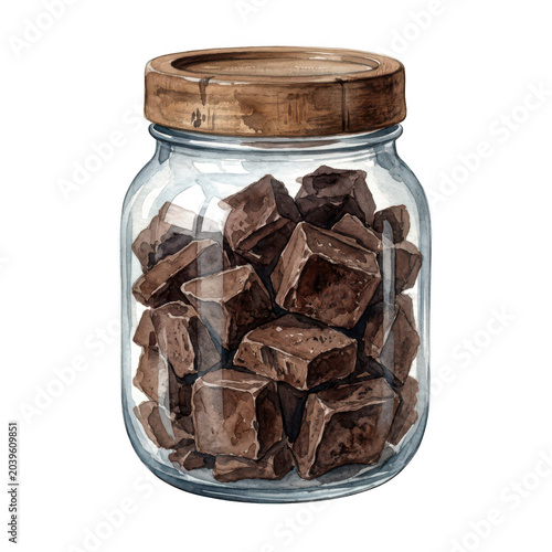 Watercolor illustration of glass jar filled with chocolate pieces isolated