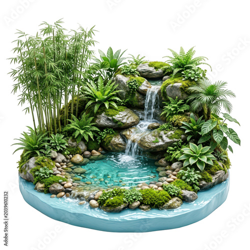 Miniature tropical waterfall landscape isolated on transparent background