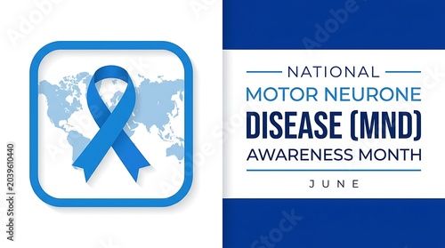 National motor neurone disease mnd awareness month represented by blue ribbon on world map background vector illustration for june health campaign communication design.