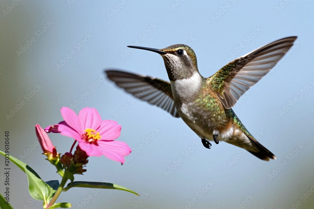 Fototapeta premium A hummingbird is flying near a pink flower